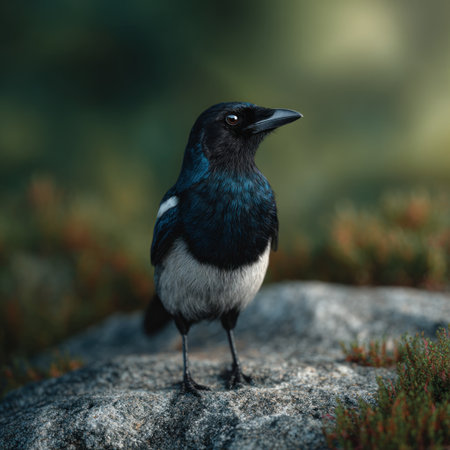 A striking crow stands on a stone, illuminated by warm light amid lush nature.の素材