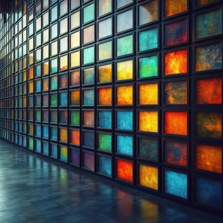 Bold hues accentuate an artistic wall made of colorful framed panels in a galleryの素材