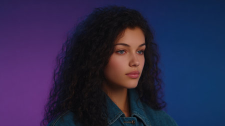 A young woman sits in deep thought, illuminated by a vivid blue and purple backdrop.の素材