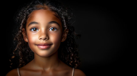 A young girl beams with happiness, showcasing her beautiful features in a soft light.の素材