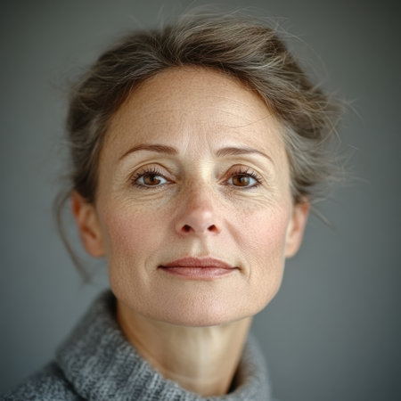 A woman with an elegant expression gazes thoughtfully towards the camera, exuding calmnessの素材