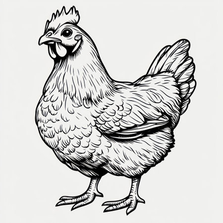 A proud hen with fluffy feathers enjoys the sunny farmyard, showcasing its charm.の素材