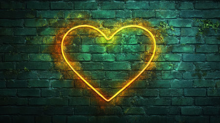 Emitting warmth and vibrant energy, a neon heart illuminates a weathered brick wall.の素材