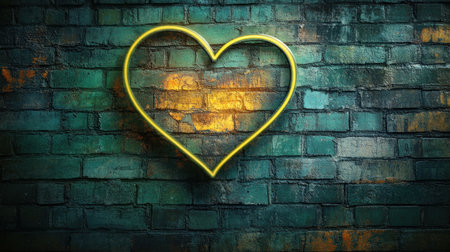 Vivid neon heart illuminates old brick wall, creating an artistic urban vibe after dark.の素材