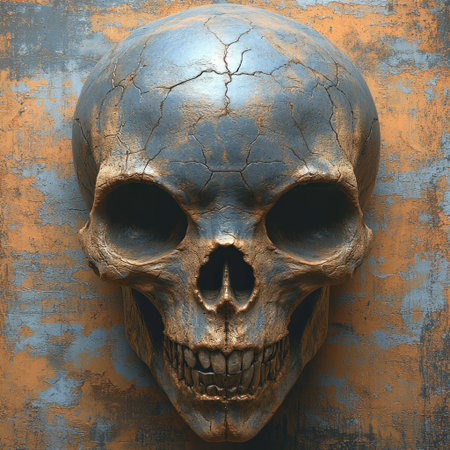 A cracked skull appears on a textured background, sparkling mystery and intrigue.の素材