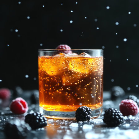 A glass of fizzy drink and ice cubes sits on a dark surface with berries.の素材
