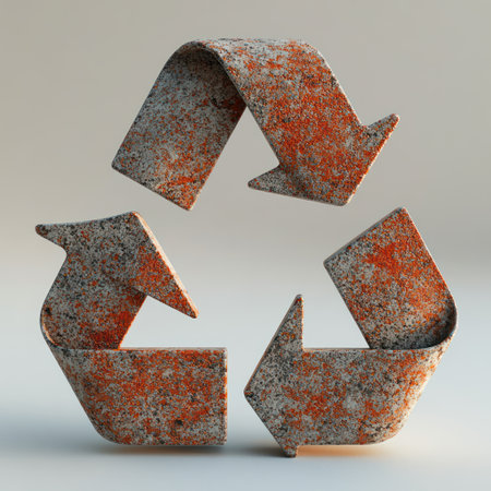A striking sustainability symbol crafted from weathered stone in earthy tones.の素材