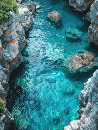 Turquoise water glimmers in a secluded canyon surrounded by rugged cliffs and greeneryの素材