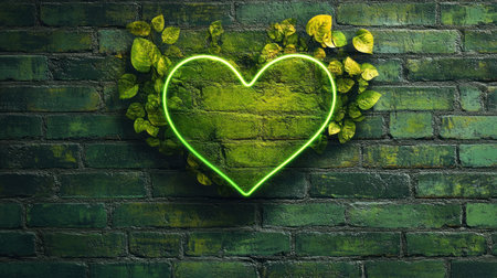 Bright neon heart glows against a weathered brick wall with vibrant green foliage.の素材