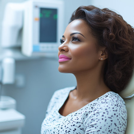 Woman with radiant smile relaxes while waiting for her dental check up in clinic.の素材