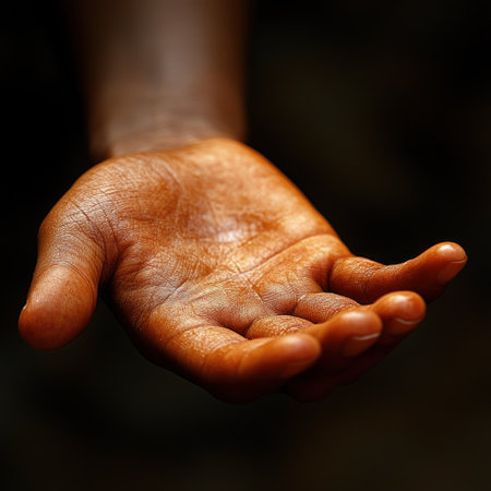 A warm hand reaches out, symbolizing hope and unity in a calm setting.の素材