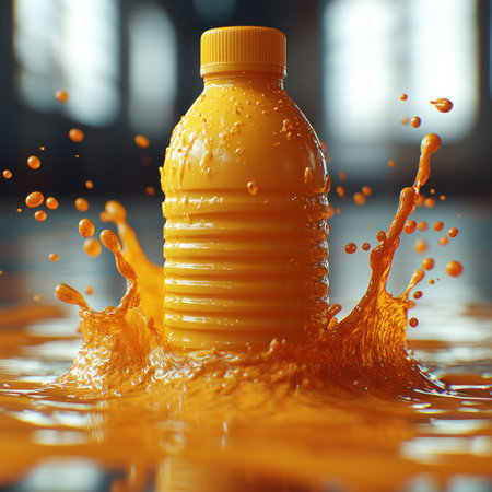 A vibrant orange drink splashes from a bottle in a bright setting.の素材