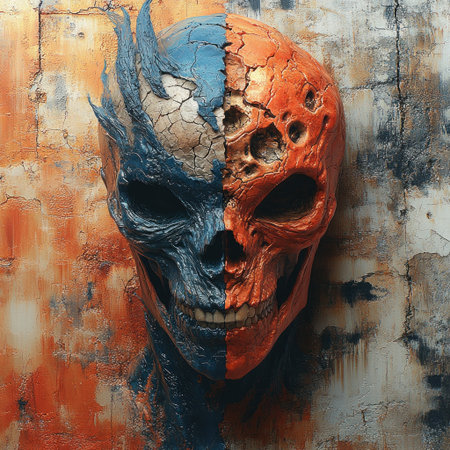 A vibrant skull sculpture contrasts life and death beautifully.の素材