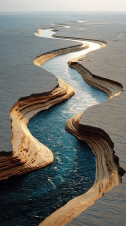 A calm river flows through stunning rock formations, reflecting sunset colors.の素材