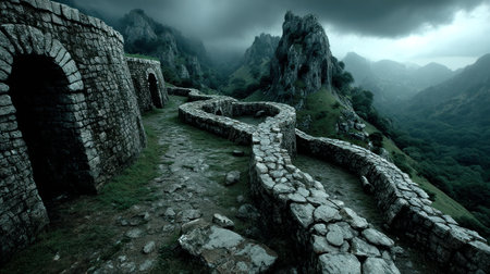 A winding stone pathway leads through rugged mountains shrouded in ominous clouds.の素材