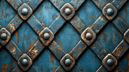 Close up of a textured blue metal surface with shiny rivets, showing vintage elegance.の素材
