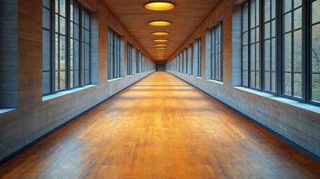 A spacious corridor features warm wooden floors and large windows, illuminating the area.の素材
