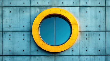 A striking yellow framed circular window stands out on a blue concrete wall.の素材
