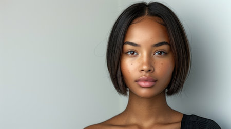 A young woman showcases her natural beauty with a calm expression and soft features.の素材