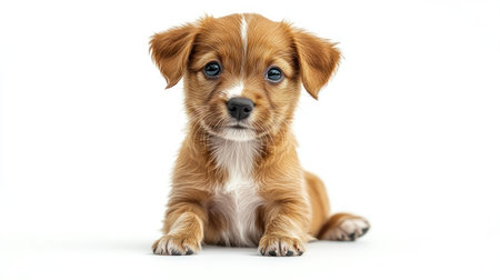 Charming brown puppy relaxes with curious eyes, displaying its adorable features.の素材