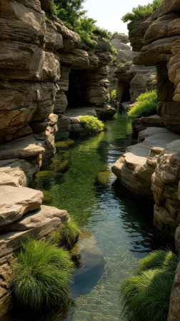 Clear waters thread through rugged rocks, creating a peaceful oasis in nature.の素材