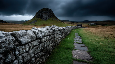 A stone wall winds through grass, leading to a mountain under dark clouds.の素材
