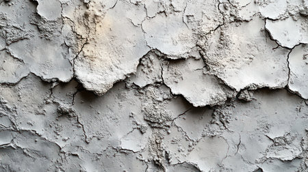 Textured surface of an aged wall features intricate cracks and layers of peeling material.の素材
