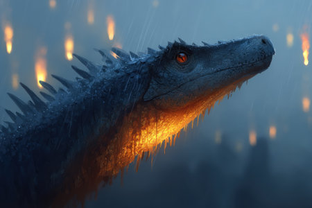 A mystical creature emerges from fog, glowing warmly in the darkness.の素材