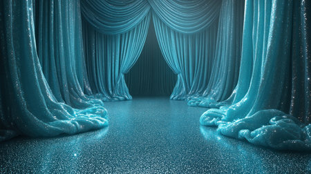 Stage adorned with shimmering blue curtains creates a magical ambiance for performances.の素材
