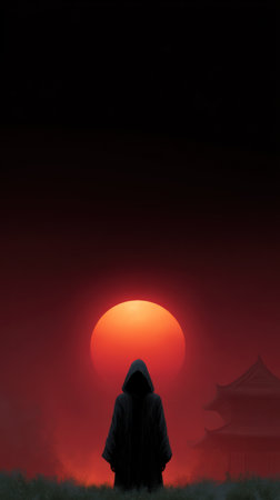 A cloaked figure stands silently as the sunset creates an enchanting glow.の素材