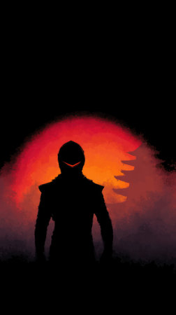 A shadowy figure of a ninja emerges, outlined by a stunning sunset on the horizon.の素材