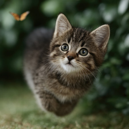 A playful kitten explores a vibrant garden, focusing intently on a butterfly above.の素材