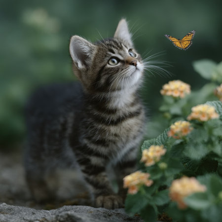 Tiny kitten gazes intently at a fluttering butterfly in a vibrant garden setting.の素材