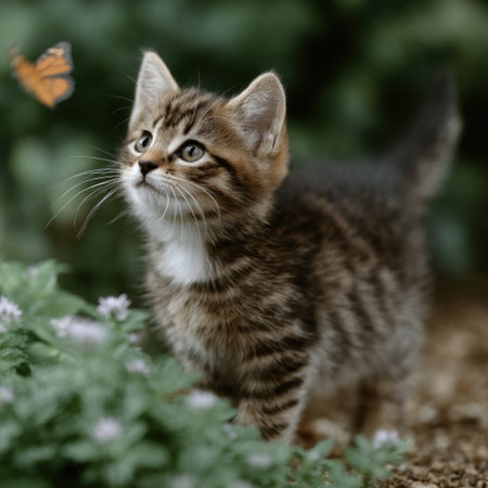 Playful tabby kitten intently watches a butterfly fluttering nearby among flowers.の素材