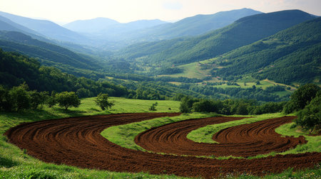Meandering furrows create a wave pattern across lush hills under a soft afternoon light.の素材