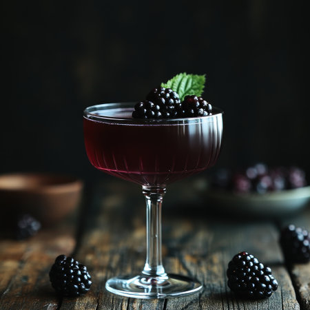 A vibrant blackcurrant cocktail sits elegantly in a sleek glass with fresh berries.の素材