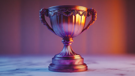A glaming trophy shines under soft pastel lights, symbolizing victory.の素材