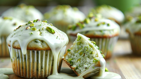 Soft, fluffy pistachio cupcakes topped with creamy frosting sparkle with chopped nuts.の素材