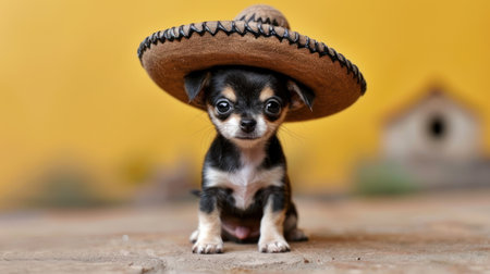 A spirited chihuahua showcases a tiny sombrero, adding joy to a colorful setting.の素材