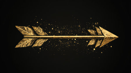 A shimmering golden arrow flies through the black expanse surrounded by sparkles.の素材