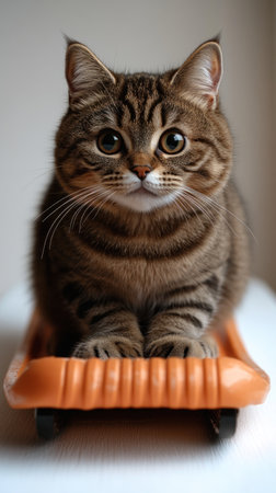 A charming tabby cat perched on a bright orange sled.の素材