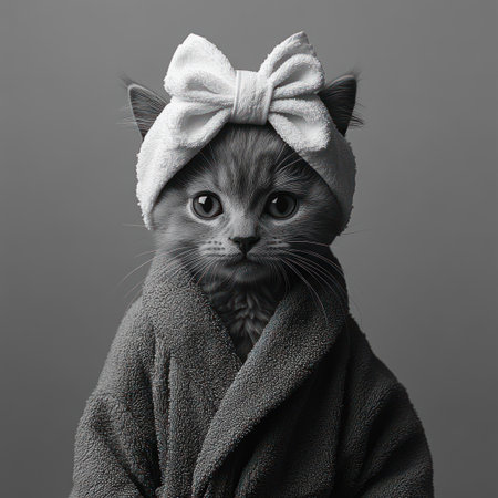 A stylish feline relaxes in a comfy robe and headband, showcasing a fashionable flair.の素材