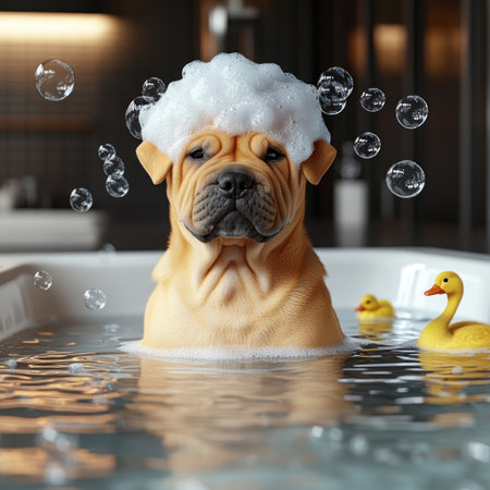 A shar pei relaxes in a warm bath surrounded by bubbles and cute rubber ducks.の素材