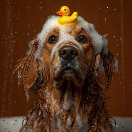 A playful golden retriever gets a bubbly bath with a rubber duck on its head.の素材