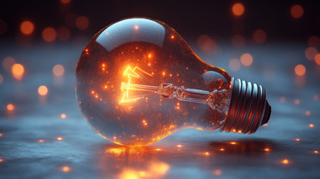 A glowing light bulb rests on a surface, radiating warm energy.の素材