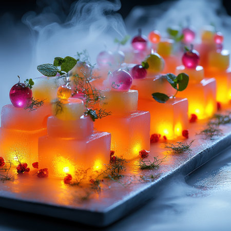 A stunning dessert of glowing jelly cubes, colorful fruit, and fresh herbs.の素材