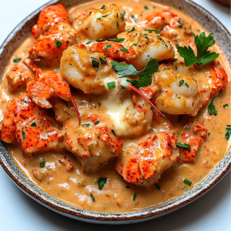 A flavorful seafood medley featuring shrimp and lobster in rich, creamy sauce with herbs.の素材