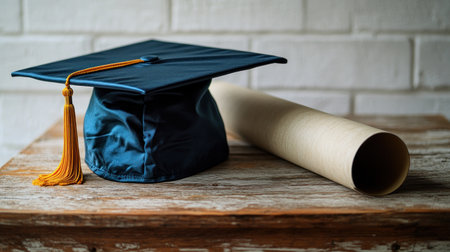 A graduation cap and rolled diploma on wood symbolize success.の素材