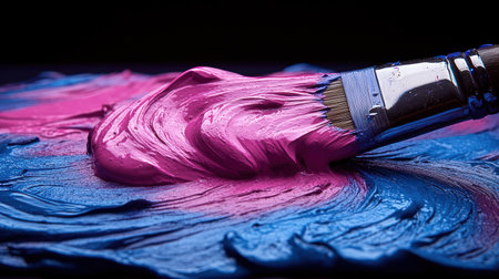 Bright pink and blue paint blend together artistically on a canvas, showing creativity.の素材