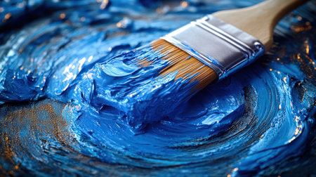Rich blue paint swirls around a brush, showing the artist's creative process in action.の素材
